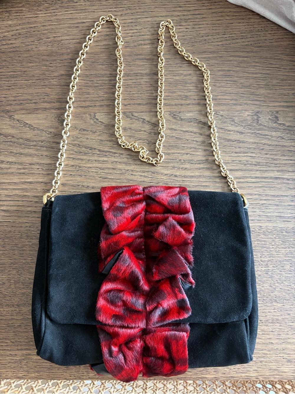RARE Dolce & Gabbana Black Suede Shoulder Bag with Red Fur Ruffle